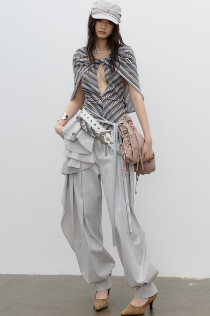 Striped Cape Shawl-Style Halter Neck T-Shirt