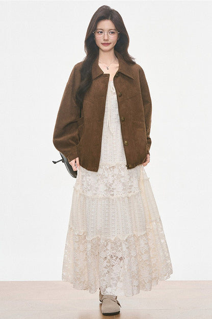 Brown Suede Jacket and Lace Dress Set-Up
