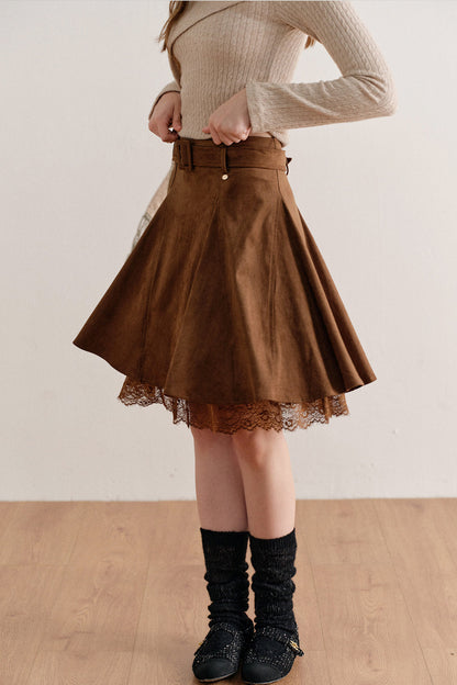 Faux Suede Lace Patchwork Skirt