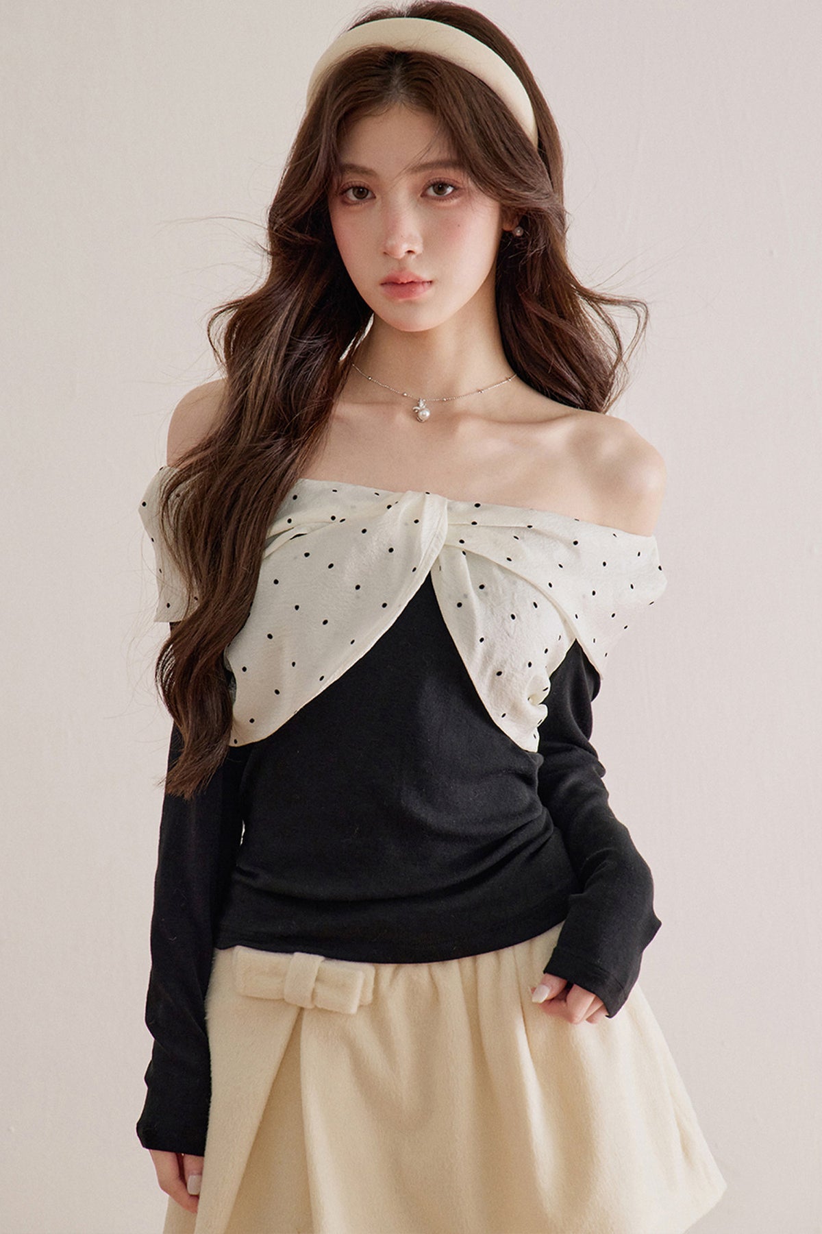 Polka Dot Bow Long-Sleeve Top