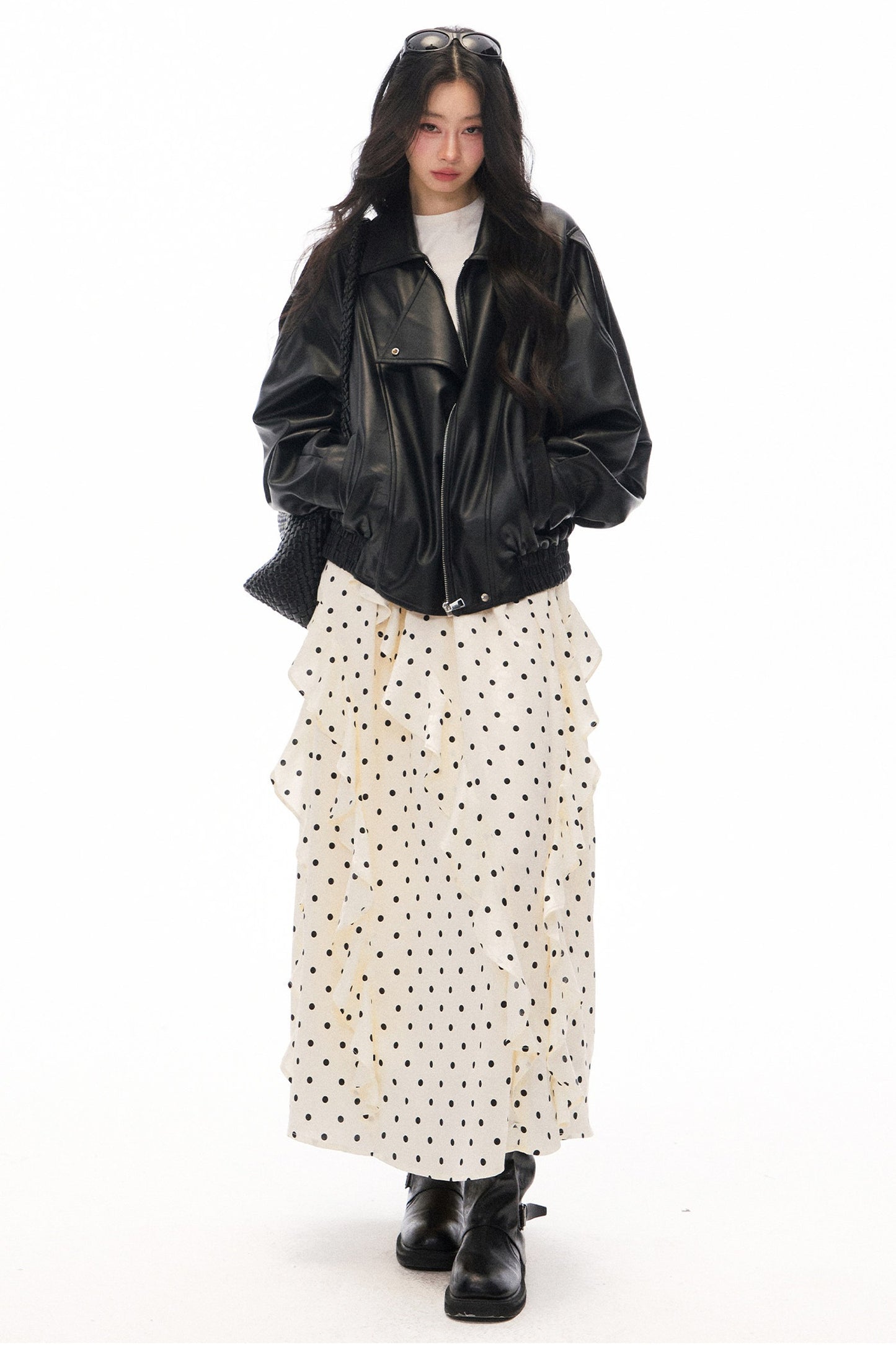 Black PU Lapel Biker Jacket, Polka Skirt and Dress Set-Up