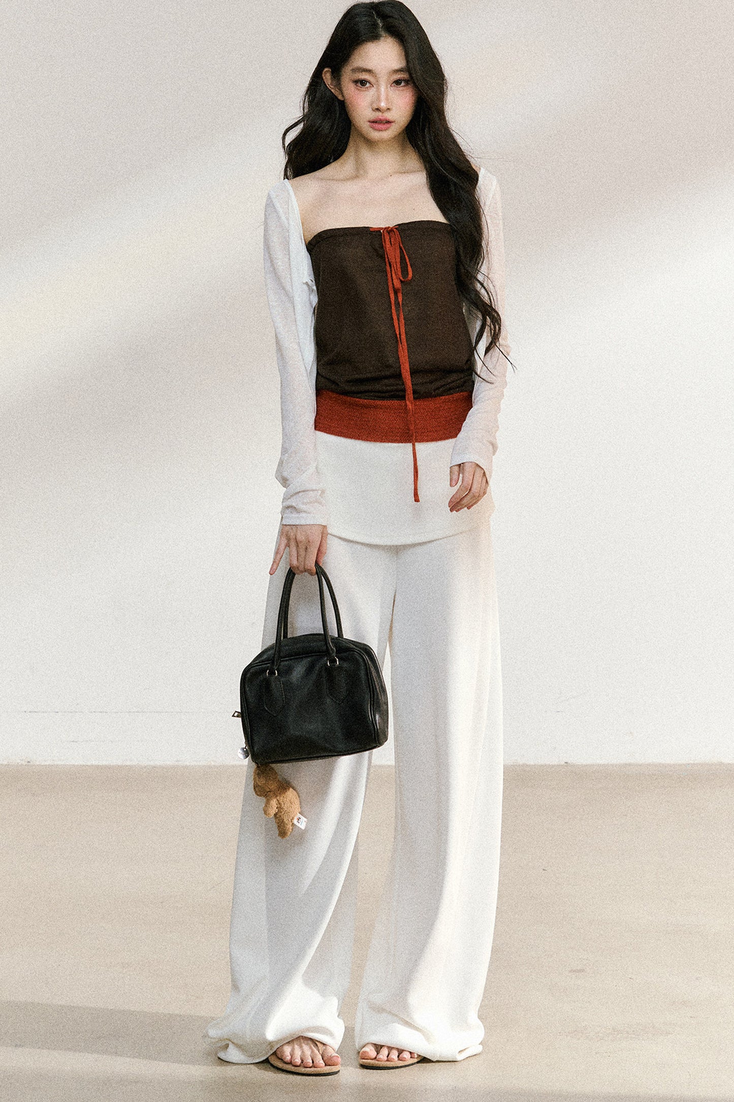 White Waistband Straight-Leg Pants