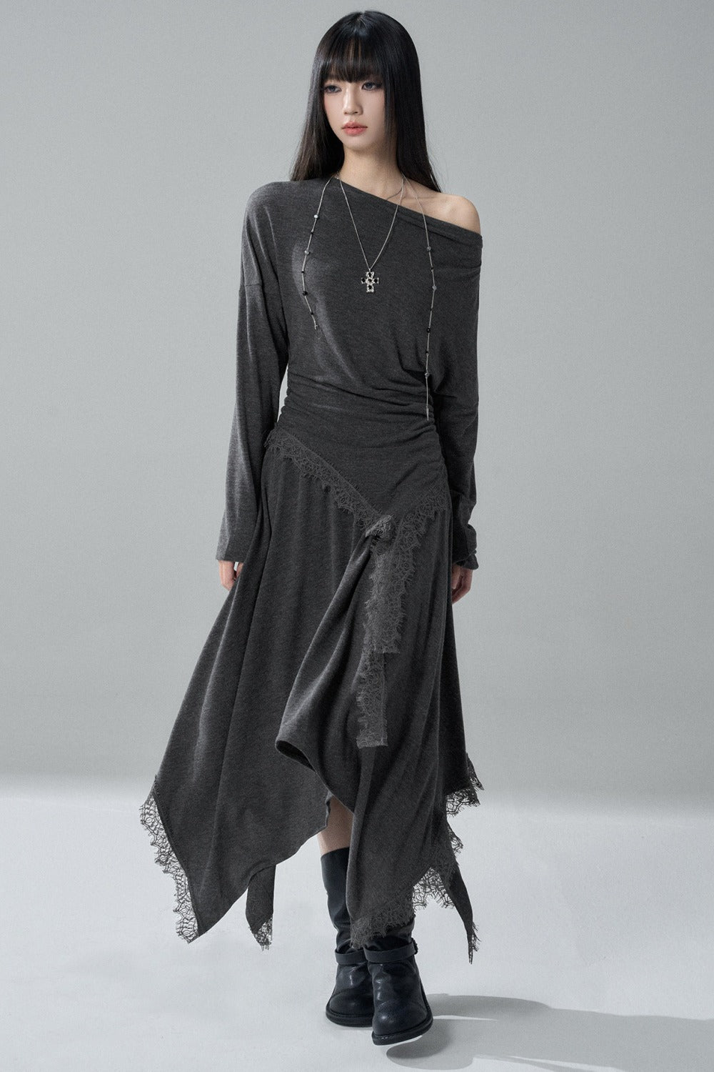 Gray Off-Shoulder Top and Irregular Hem Skirt Set-Up