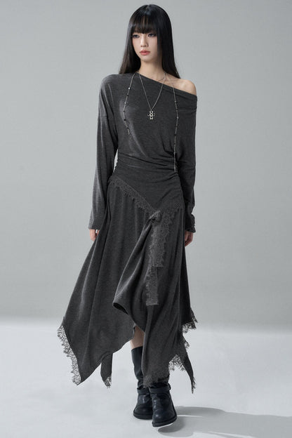 Gray Off-Shoulder Top and Irregular Hem Skirt Set-Up