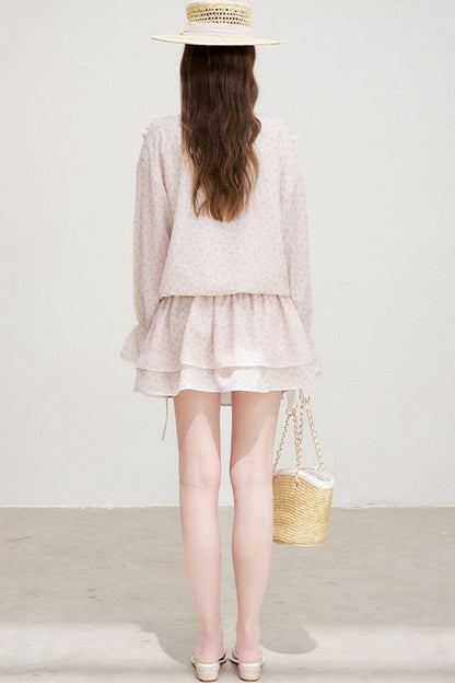 Floral Ruffle V-Neck Long-Sleeve Dress