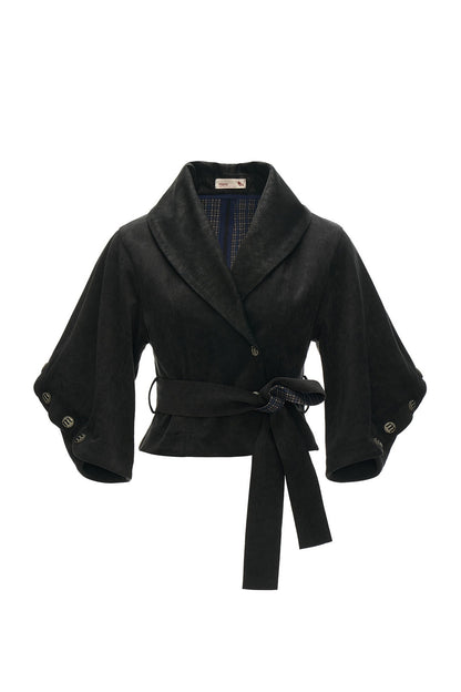 Plaid Suede-Like Leather Patchwork Cinched Waist Jacket
