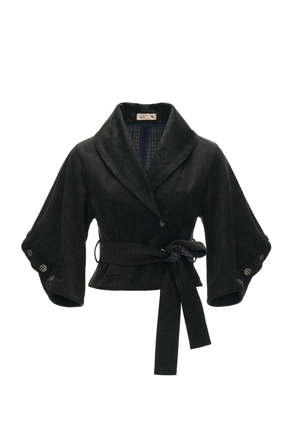 Plaid Suede-Like Leather Patchwork Cinched Waist Jacket