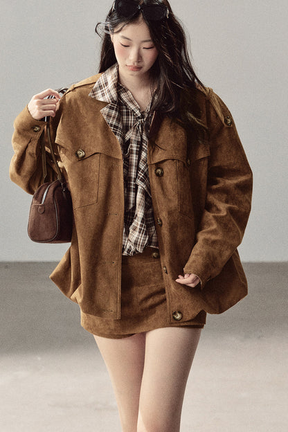 Faux Suede Jacket and Skirt Set-Up