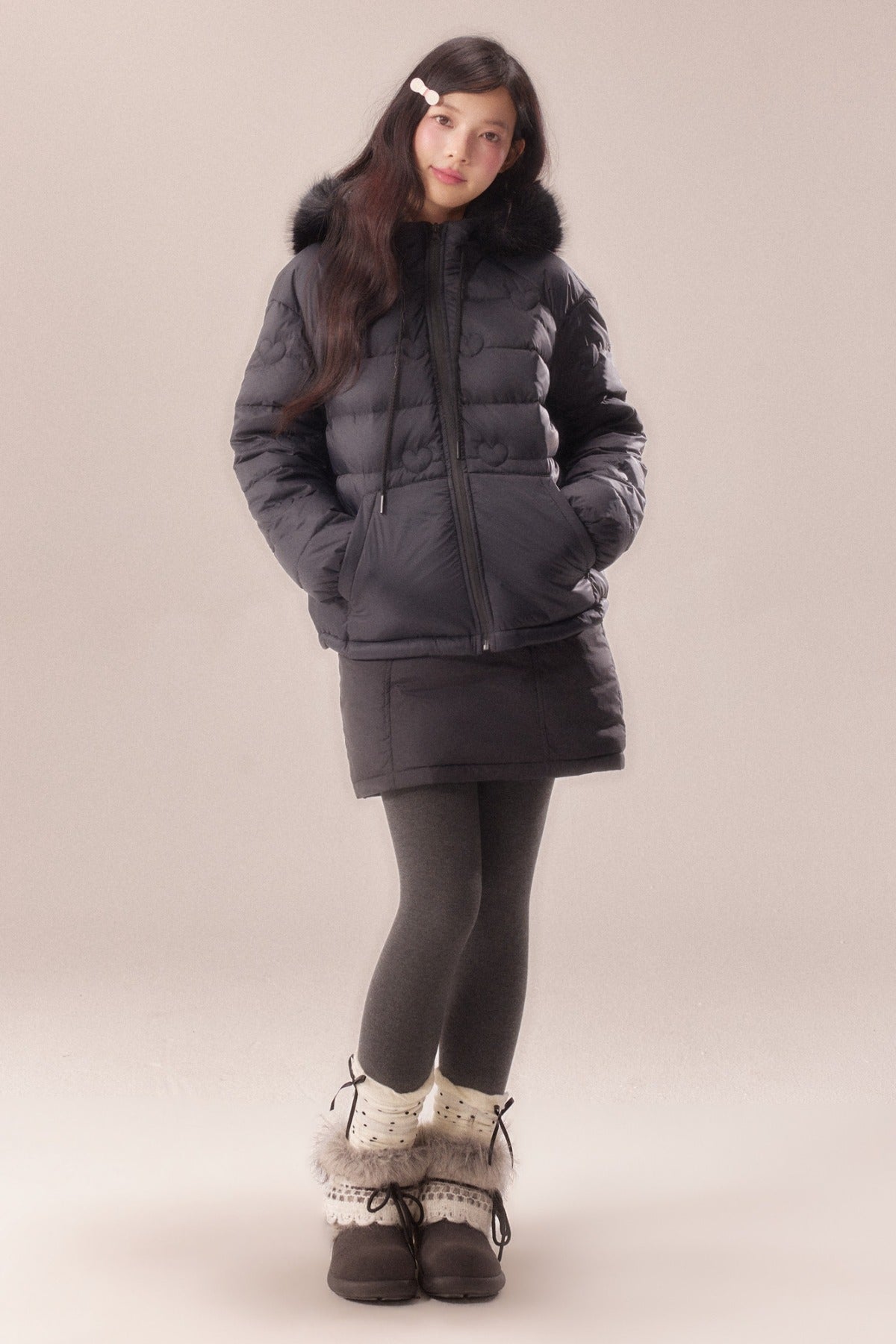 Heart Quilted Fur Collar Hooded Jacket