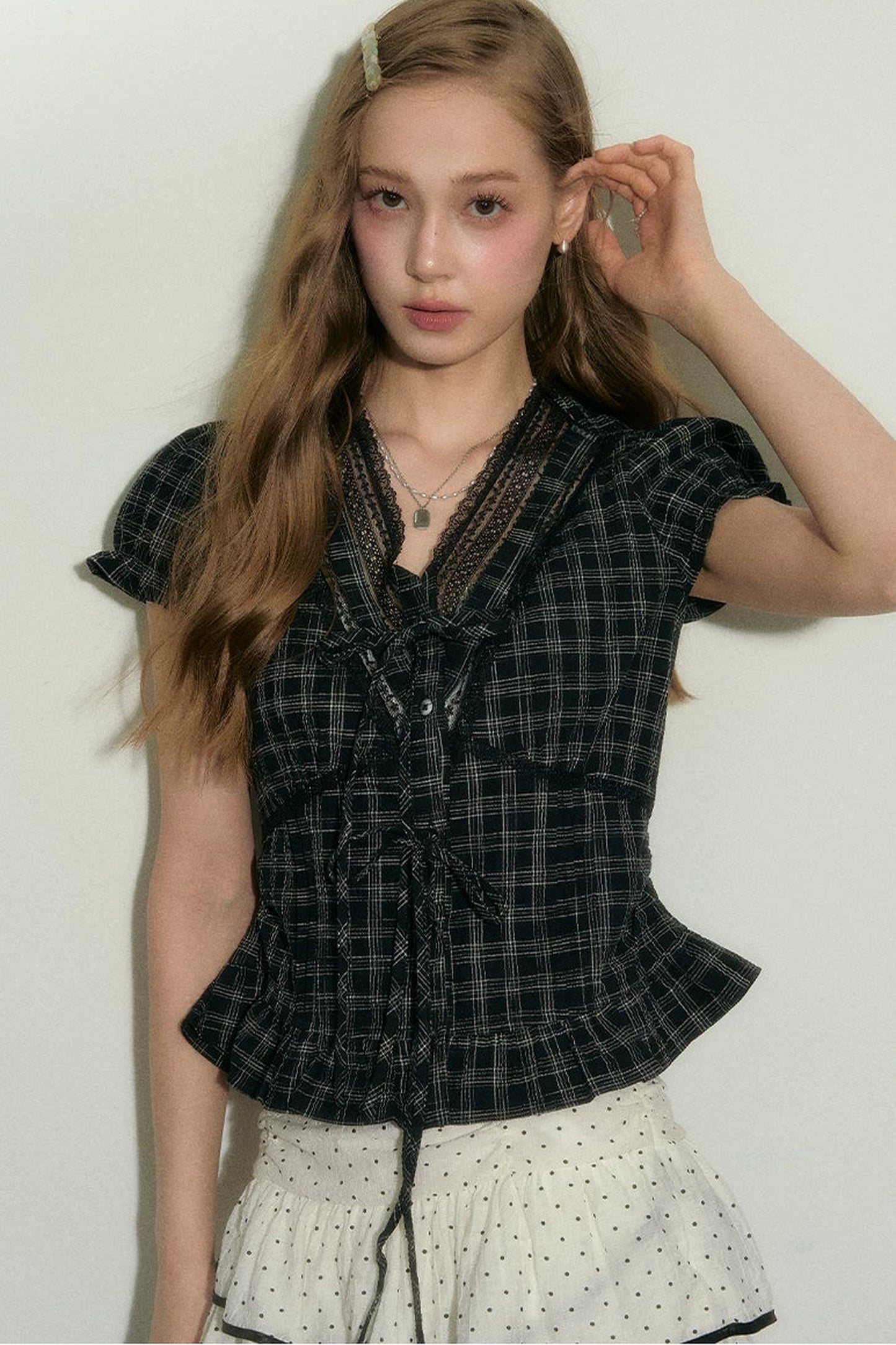 Black Plaid Ruffled Blouse