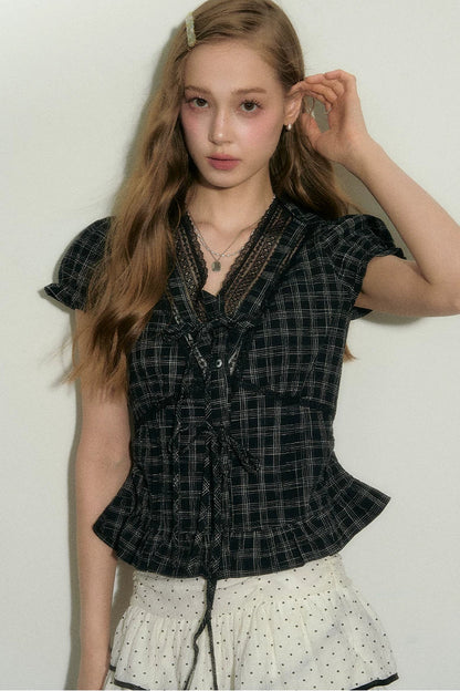 Black Plaid Ruffled Blouse