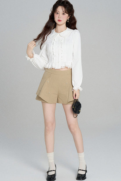 Ruffled Doll Collar Blouse And Shorts Set-Up