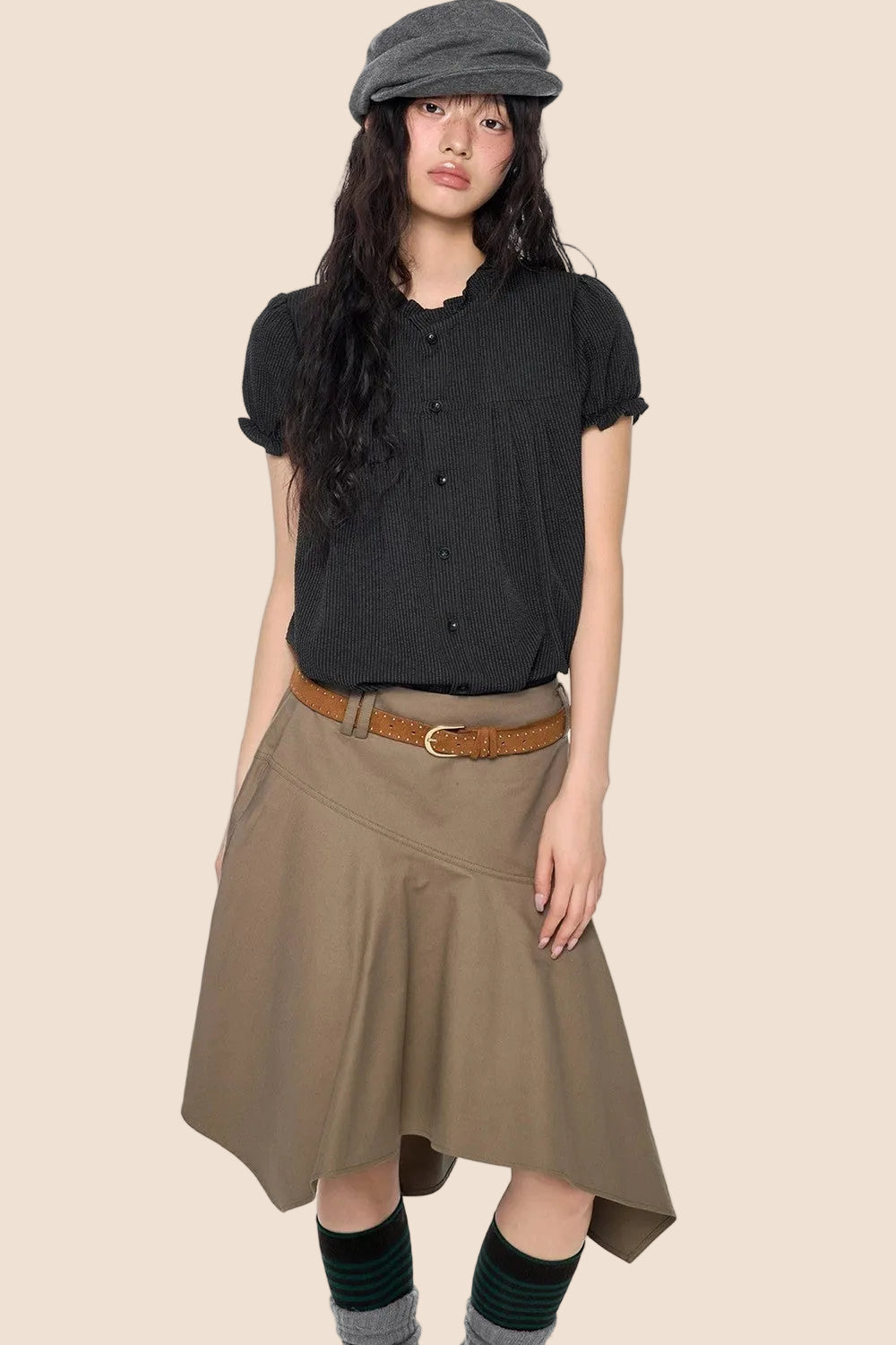 Pleated Lace Collar Short Sleeve Shirt