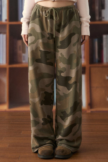 High-Waist Drawstring Camo Wide-Leg Pants