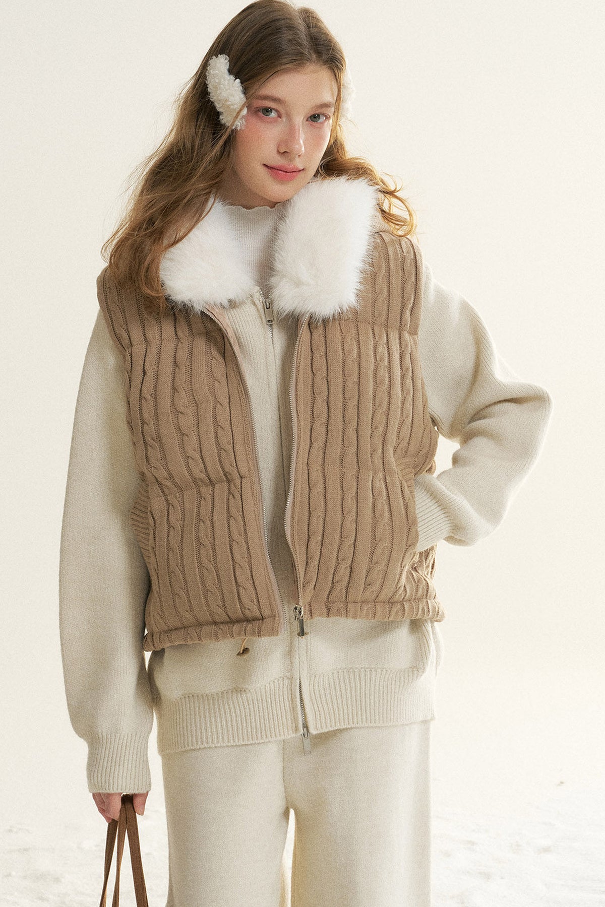 Detachable Fur Collar Hooded Jacket and Wide-Leg Pants Set-Up