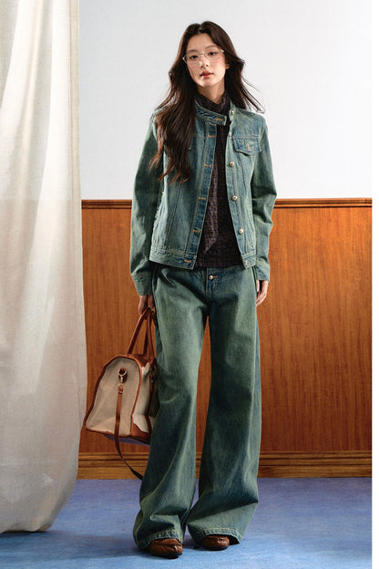 Retro Washed Denim Top and Wide-Leg Pants Set-Up