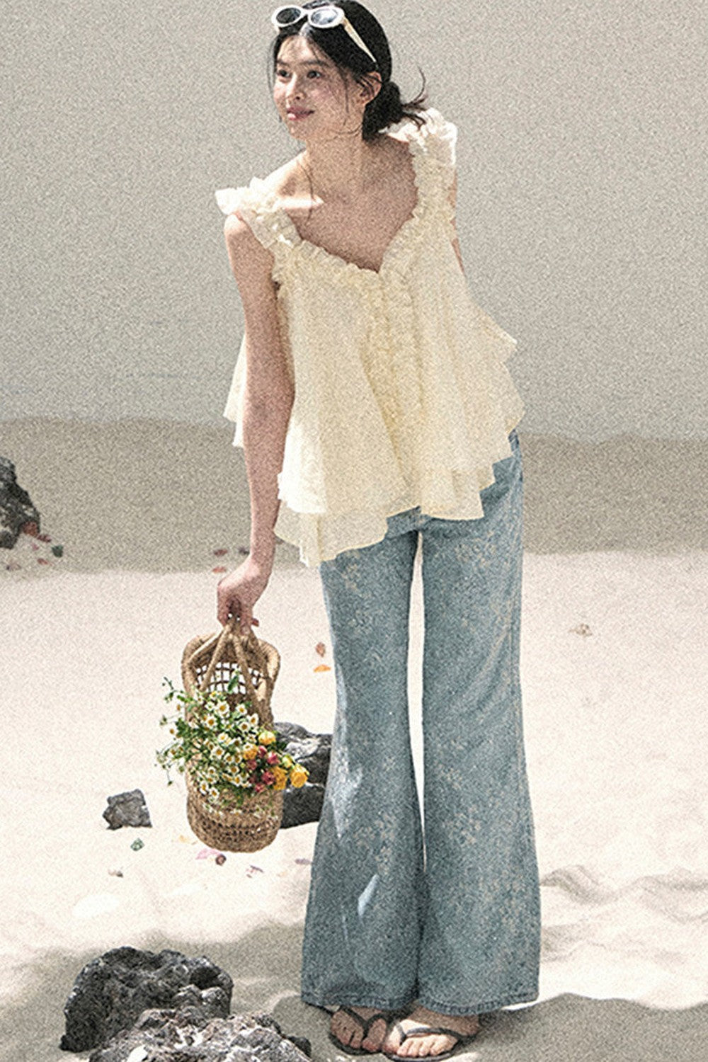 French Ruffled V-Neck Blouse