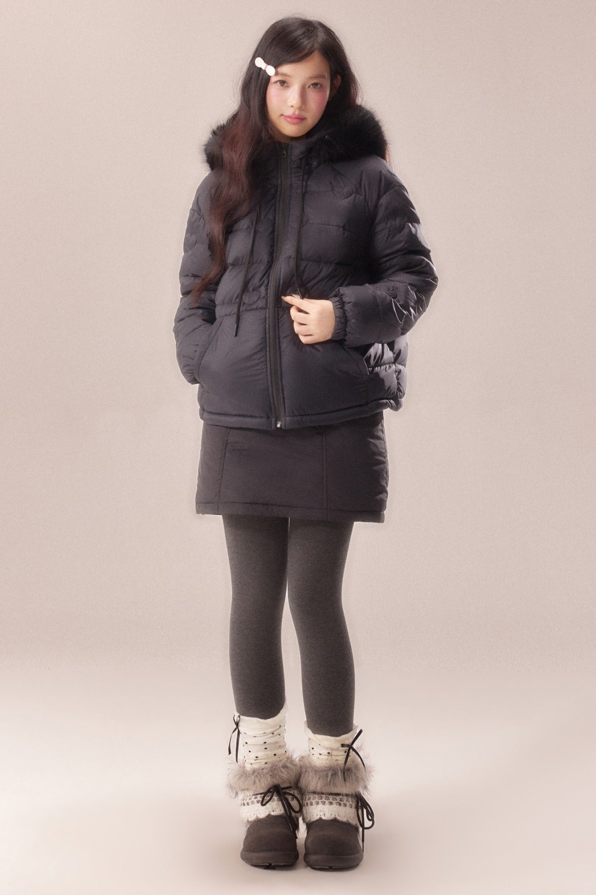 Heart Quilted Fur Collar Hooded Jacket