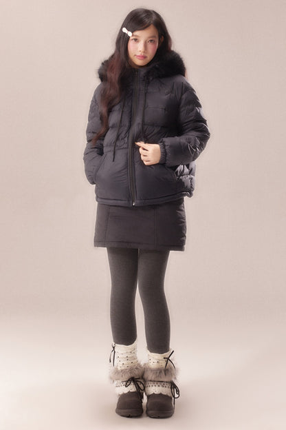 Heart Quilted Fur Collar Hooded Jacket