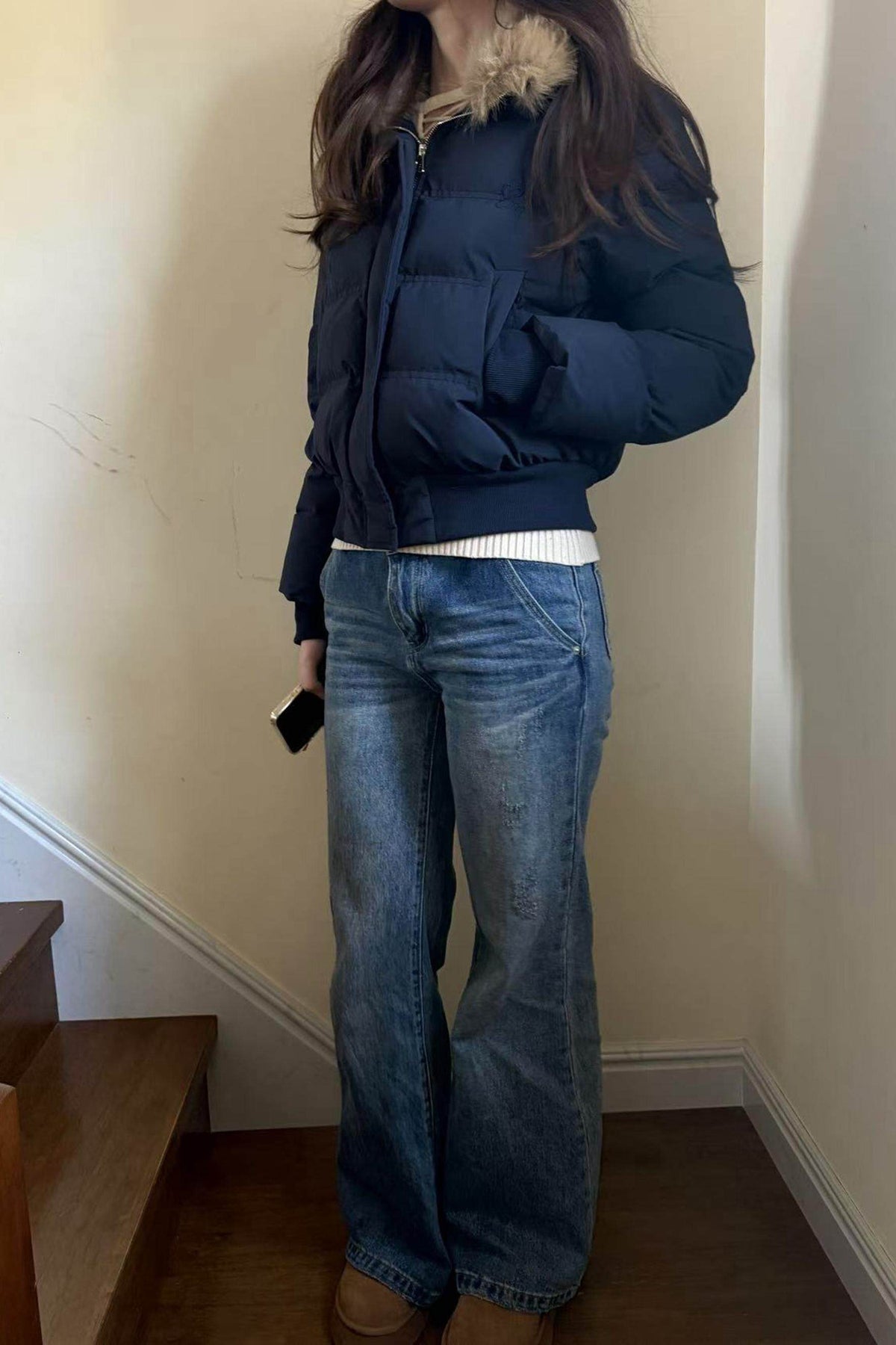 Navy Blue Fur Collar Padded Jacket and Pants Set-Up