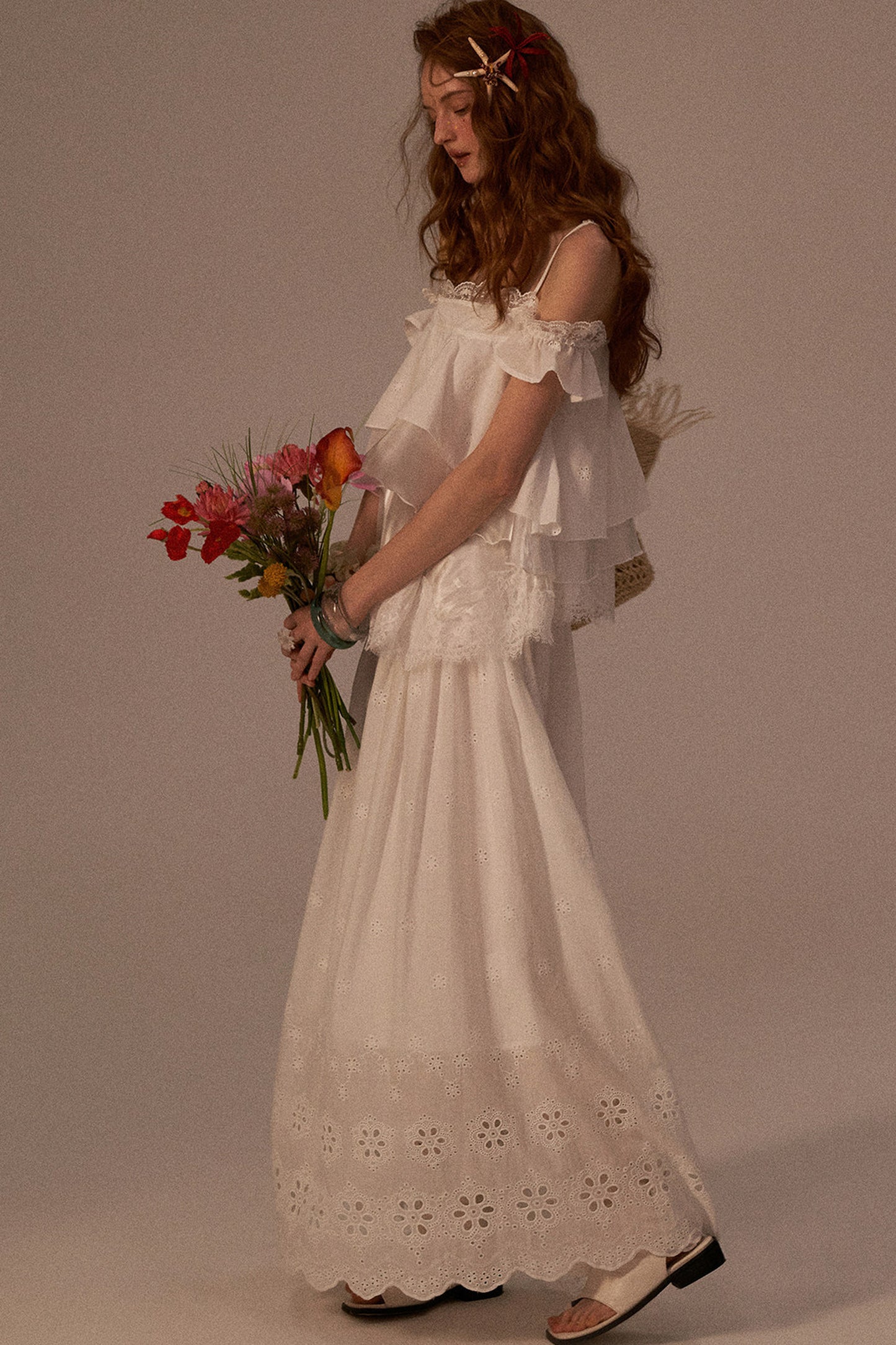 White Lace Ruffled Dress Set