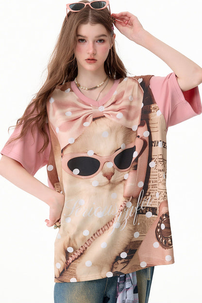 Rosa gepunktetes T-Shirt mit Katzenmotiv