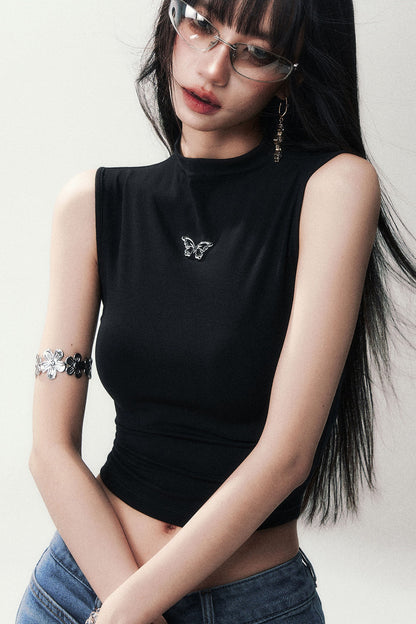 Sleeveless Mid-Neck High-Waisted Crop T-Shirt
