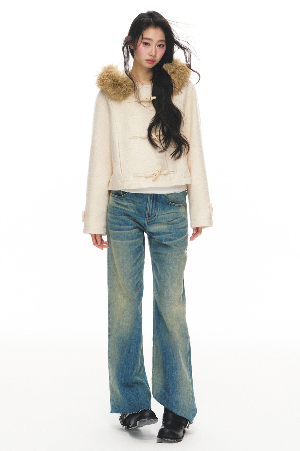 White Wool Hooded Jacket and Jeans Set-Up