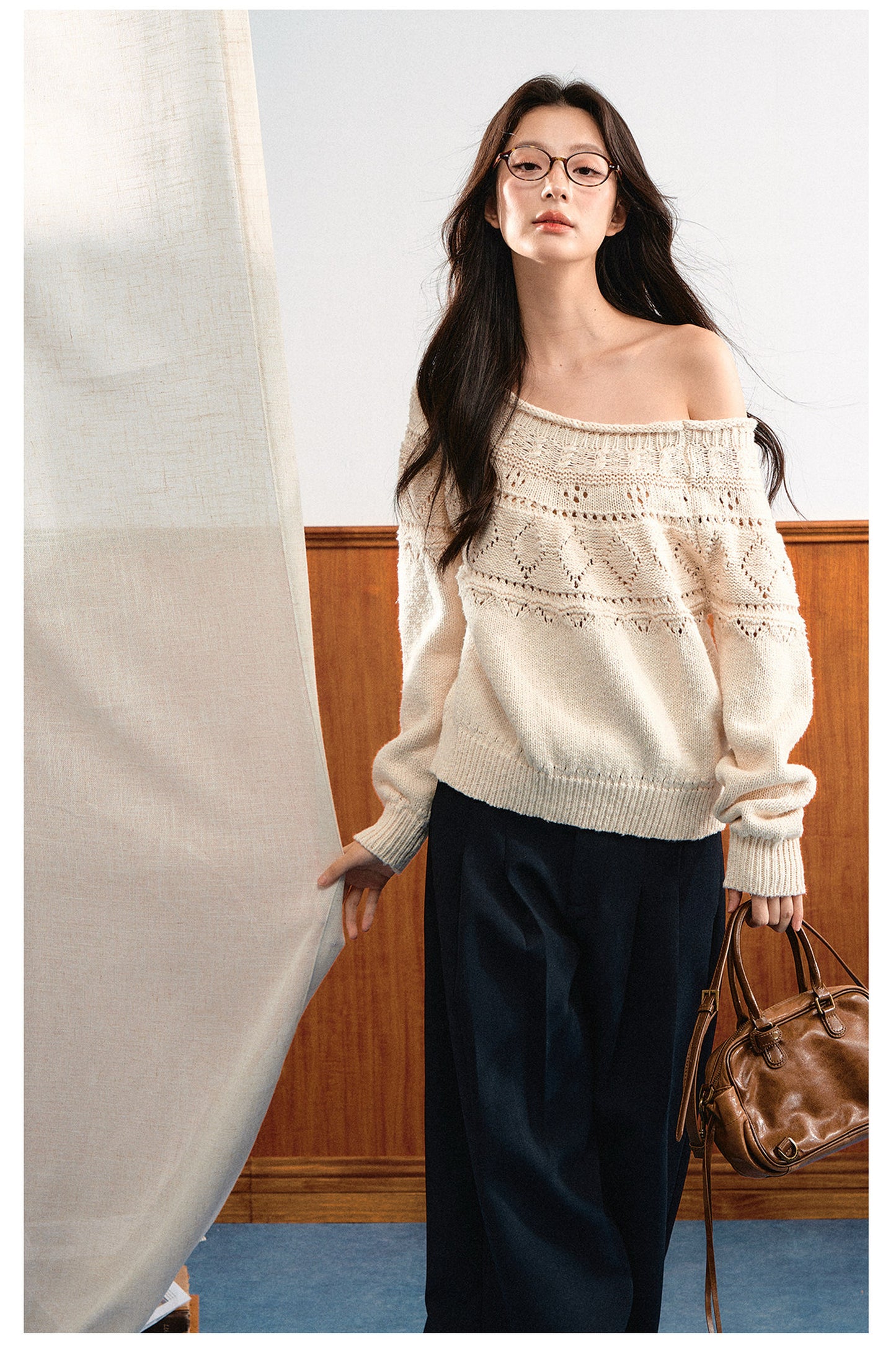 Off-Shoulder Diamond Knit Top