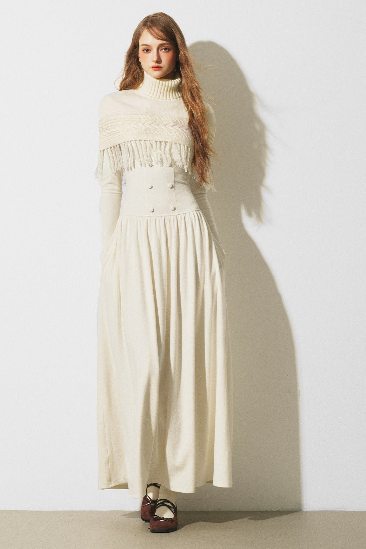 Knitted Sweater Cape and Double-Breasted Dress Set-Up