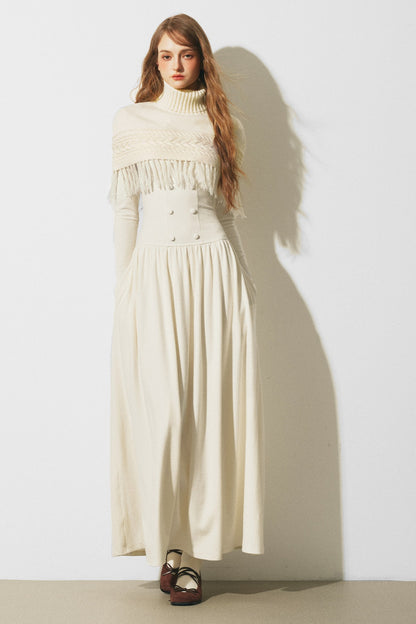 Knitted Sweater Cape and Double-Breasted Dress Set-Up