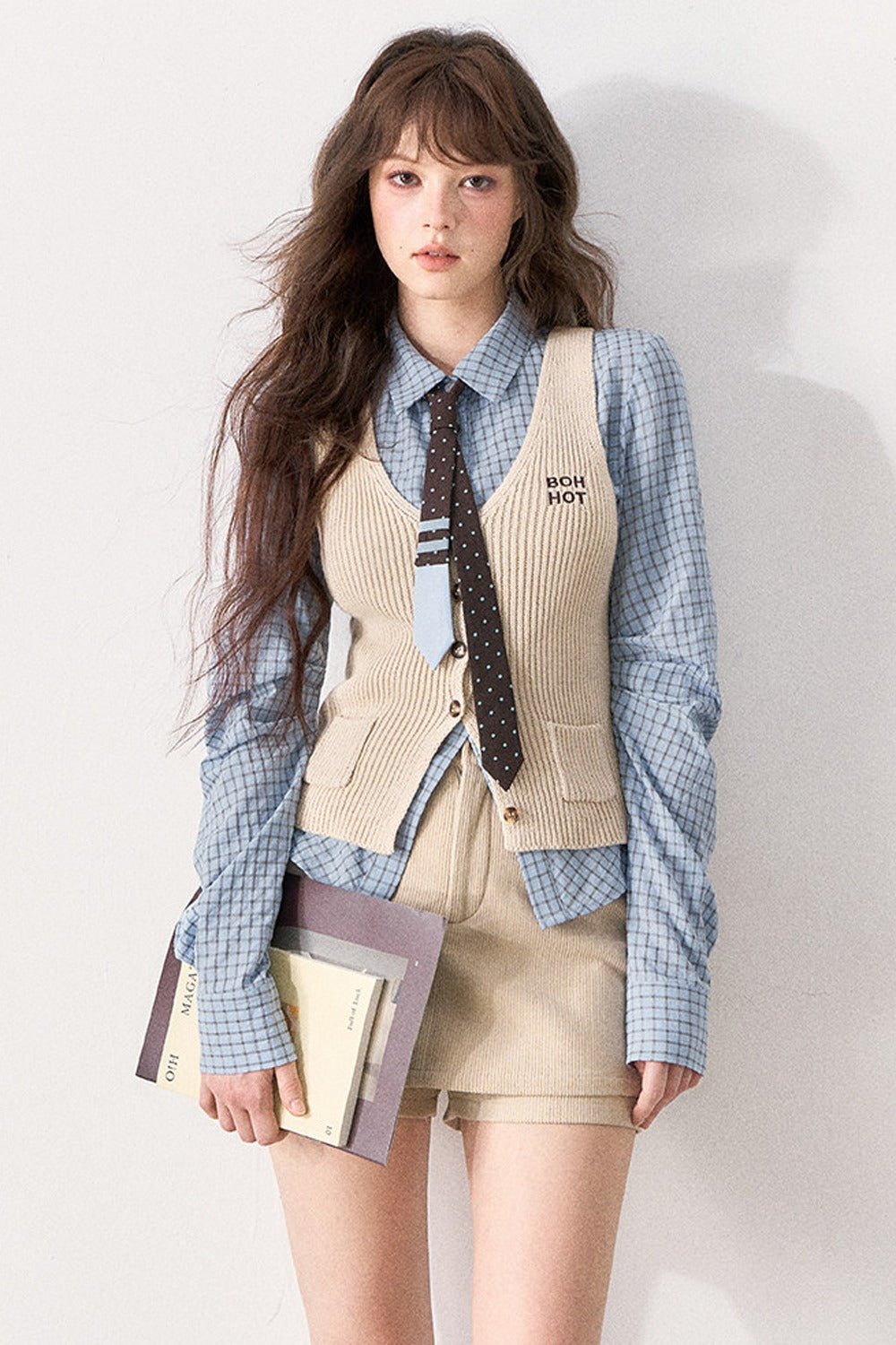 Blue Shirt and Knit Vest Skirt Set-Up