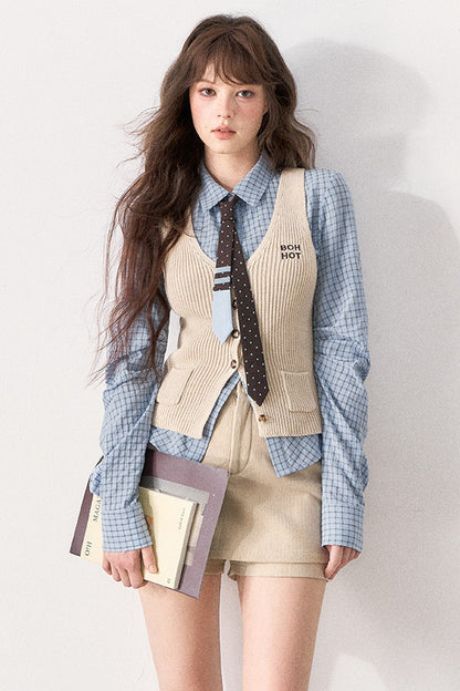 Blue Shirt and Knit Vest Skirt Set-Up
