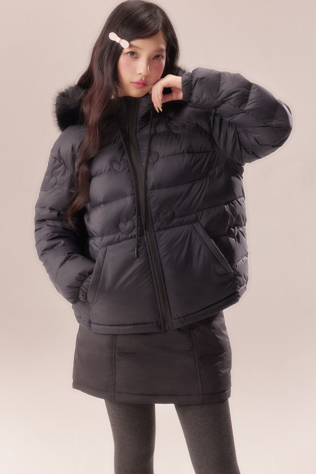 Heart Quilted Fur Collar Hooded Jacket