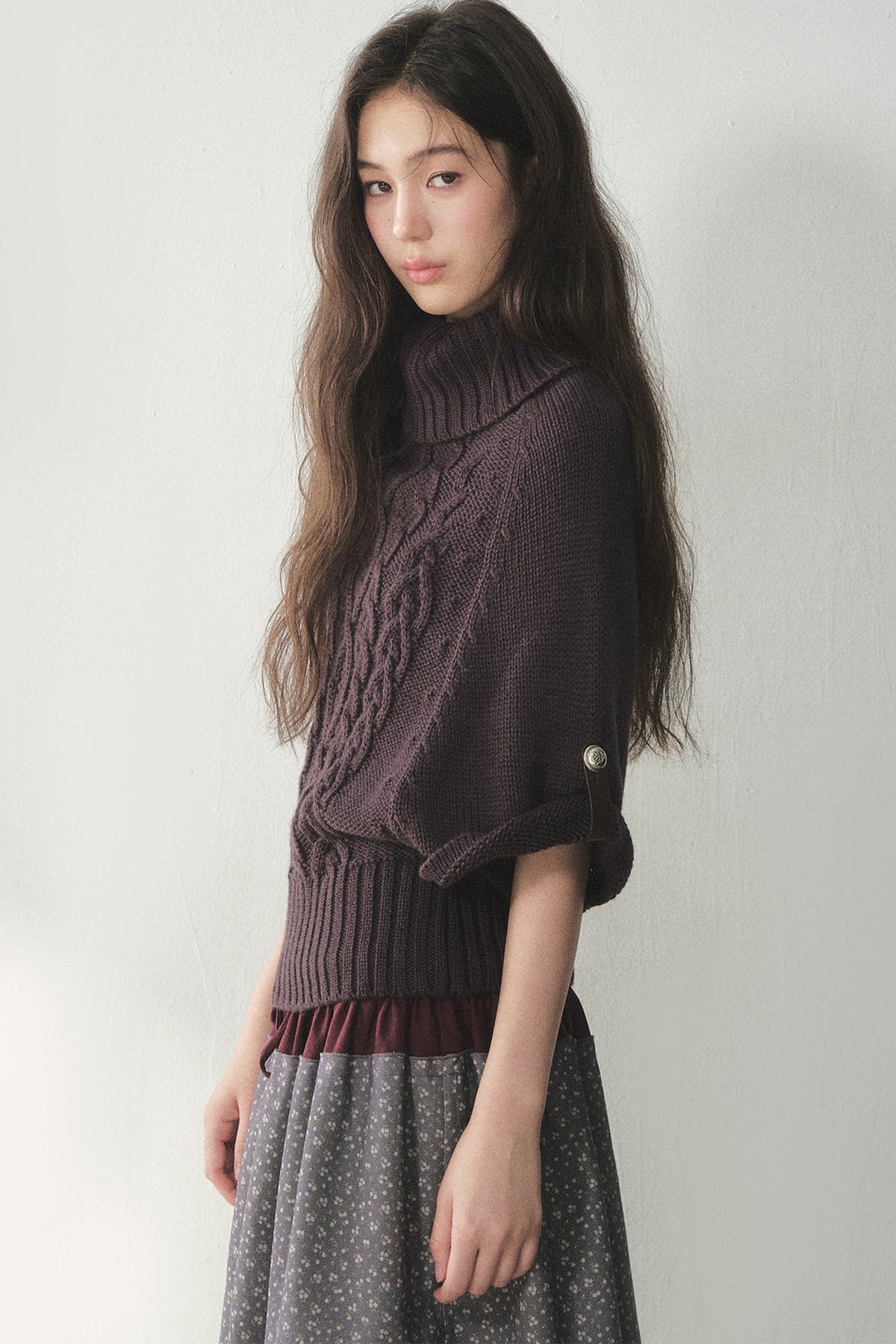 Berry Purple High-Neck Wool Knit Cape