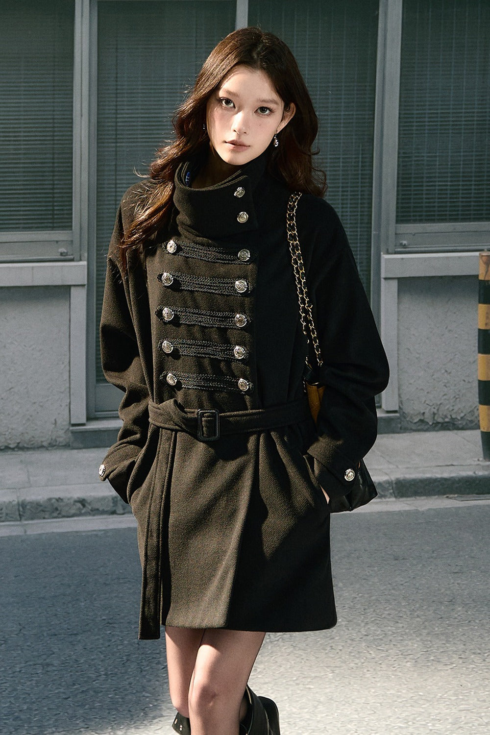 Double-Breasted Drop Shoulder Belted Woolen Coat