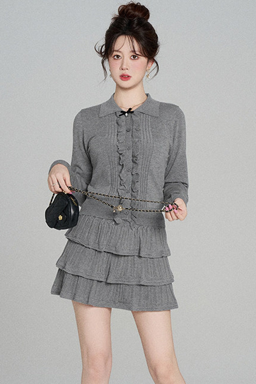 Miu-Style Knit Top and Tiered Skirt Set-Up