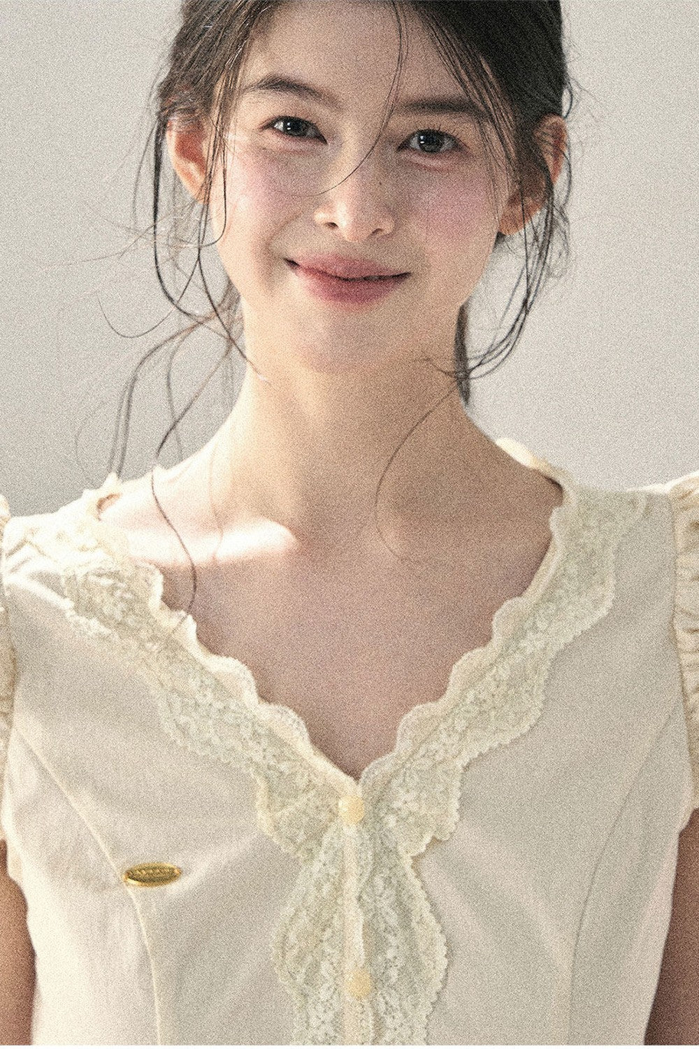 French V-Neck Lace Puff Sleeve Blouse