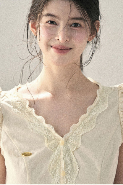 French V-Neck Lace Puff Sleeve Blouse