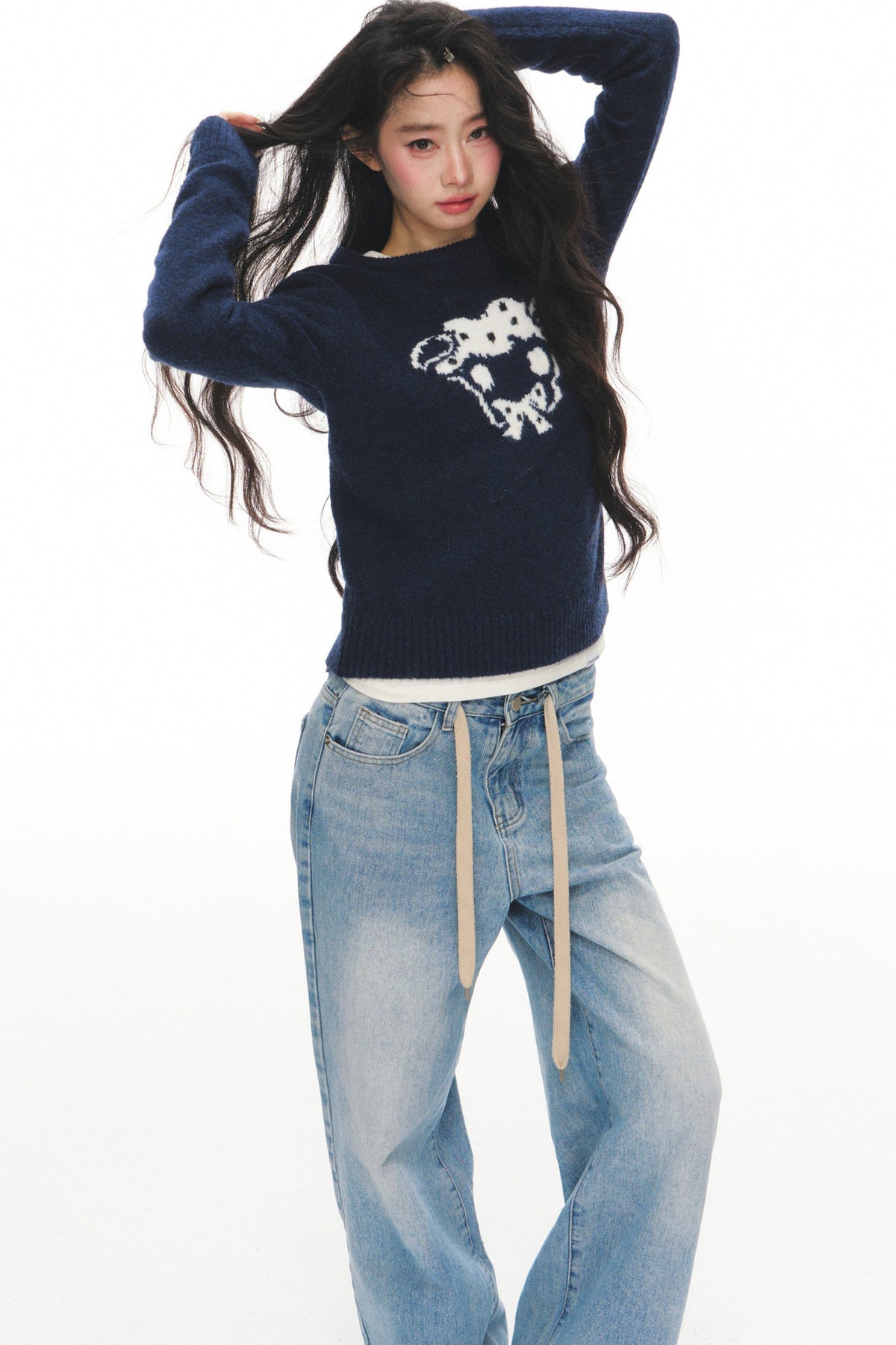 Navy Wool Jacquard Top and Pants Set-Up