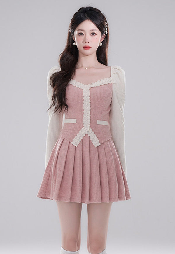 Pink Top Skirt Set and Red V-Neck Dress