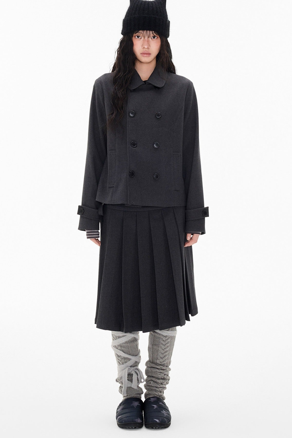 Double-Breasted Wool Coat and Pleated Skirt Set
