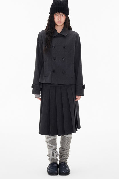 Double-Breasted Wool Coat and Pleated Skirt Set