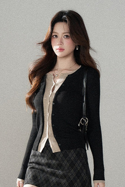 Short Color-Blocked Knit Cardigan
