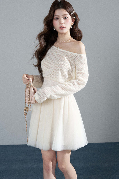 French Hollow-Out Lace Off-Shoulder Dress