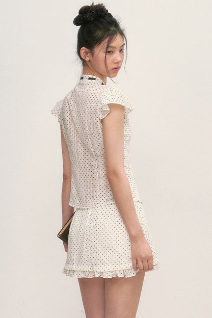 Polka Dot Tie Neck Short-Sleeved Shirt and Skirt Set-Up