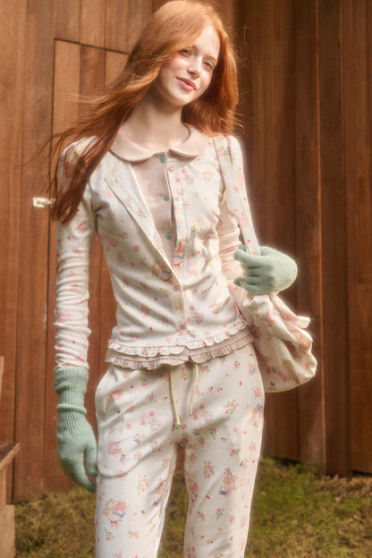 Layered-Look Floral Bunny Cardigan and Pants Set-Up
