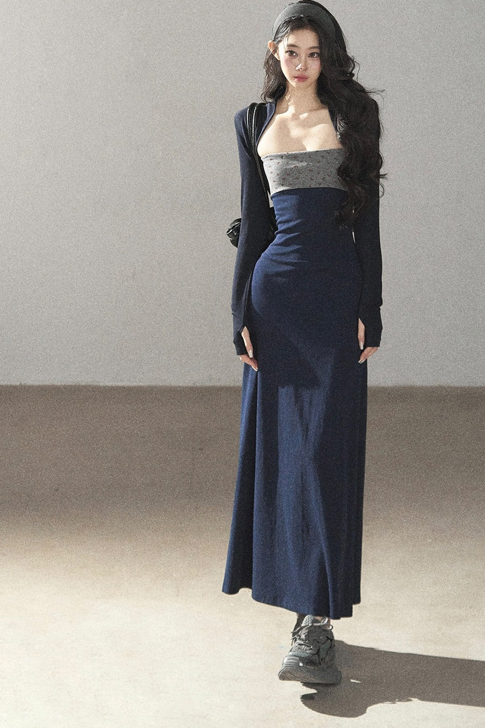 Navy Blue Strapless Bodycon Dress and Cardigan Set-Up