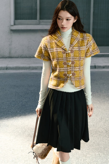 Retro Lapel Plaid Short-Sleeved Jacket