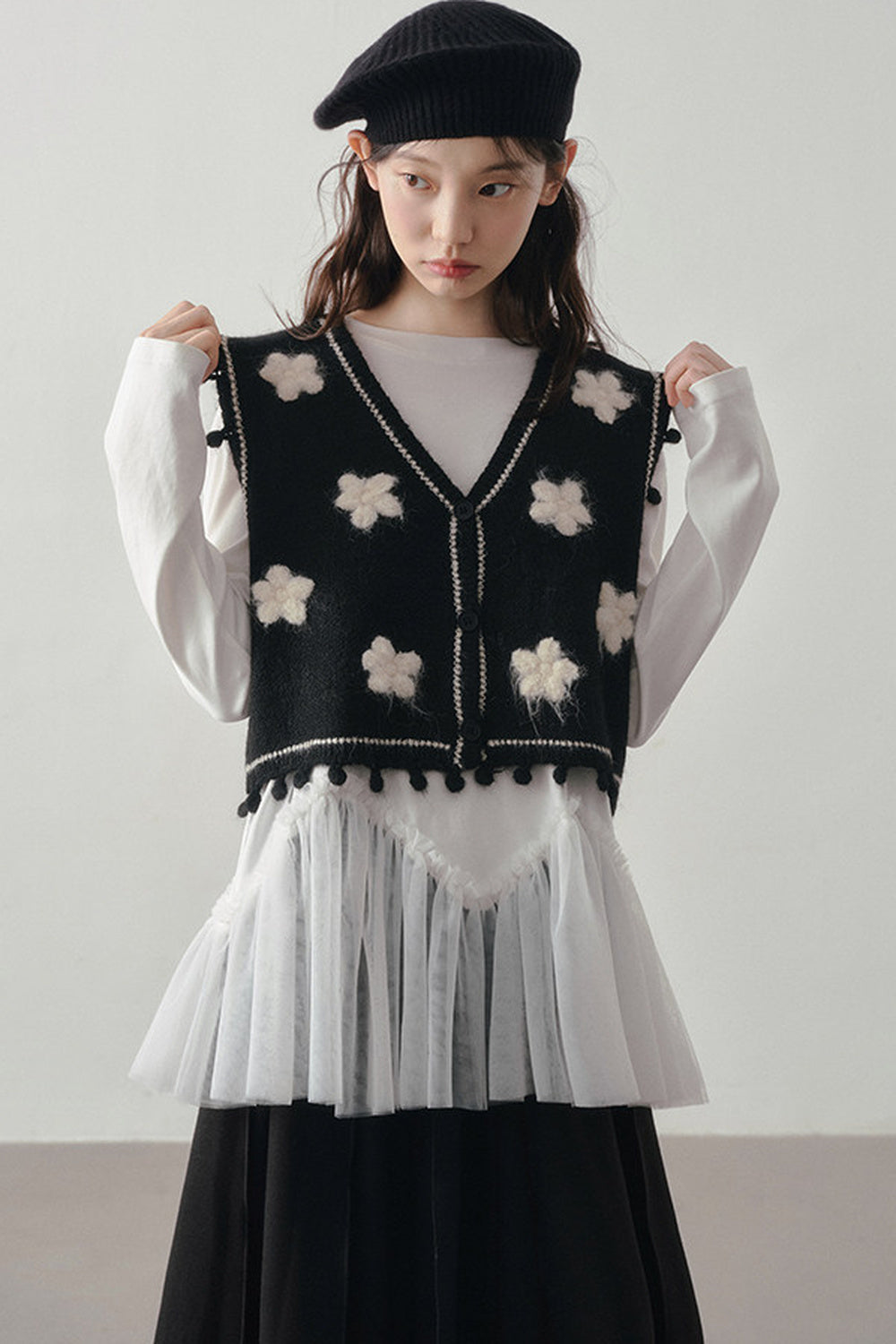Wavy Hem Mesh Long Sleeve Top